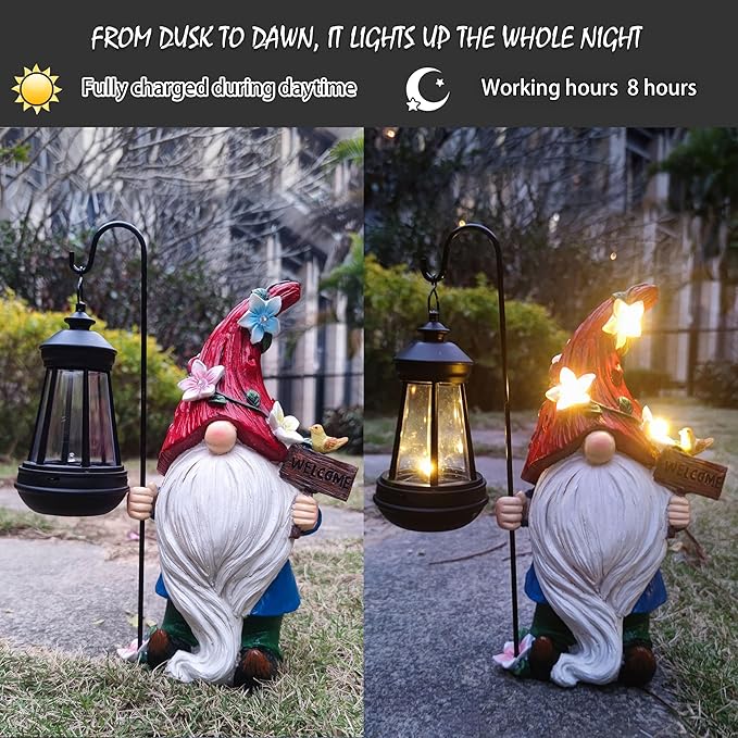 Solar Garden Gnomes Statue with Succulent and 4 LED Lights - Solar Lantern Gnomes Decorations for Yard Outdoor gnome Decorations for Garden, Patio Gnome Gifts for Mom