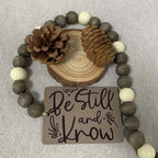 40" Handmade Farmhouse Bead Garland Wood with Tassel, Boho Chic Decorative String Beads Home Decor, Table Tiered Tray Country Wooden Accents (Serenity Natural: Be Still and Know, 0.63" Diameter)