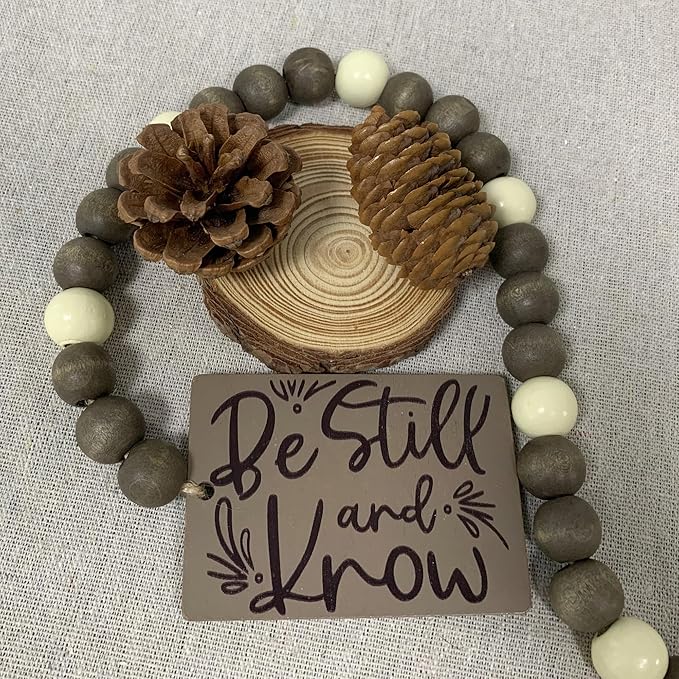 40" Handmade Farmhouse Bead Garland Wood with Tassel, Boho Chic Decorative String Beads Home Decor, Table Tiered Tray Country Wooden Accents (Serenity Natural: Be Still and Know, 0.63" Diameter)