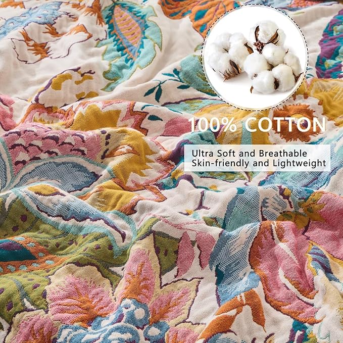 Ultra Soft Lightweight Cotton Quilts,Cozy Summer Boho Throw Blankets,Lightweight Reversible Muslin Blanket Decor Blankets for Armchair Travel, 80"x90" Large Muslin Mexican Throw Blanket