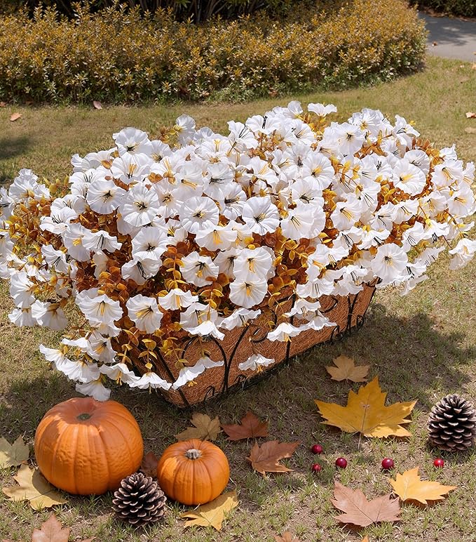 Fake Mums Artificial Fall Flowers Fake Plants for Outdoors Autumn Decor, 12 Bundles White Silk Morning Glory with Eucalyptus Look Real UV Resistant Faux Flowers for Outside Planters Front Door Yard