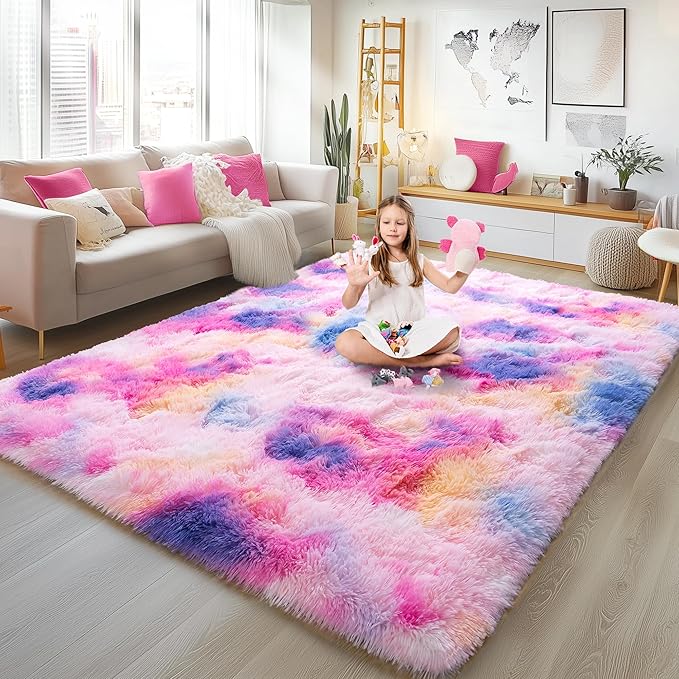 6x9 Fluffy Fuzzy Area Rug for Living Room Bedroom, Ultra Soft Large Living Room Rugs, Non Slip Thick Shag Rug for Dorm, Kids Girls Boys Rug for Home Decor Aesthetic, Dark Rainbow