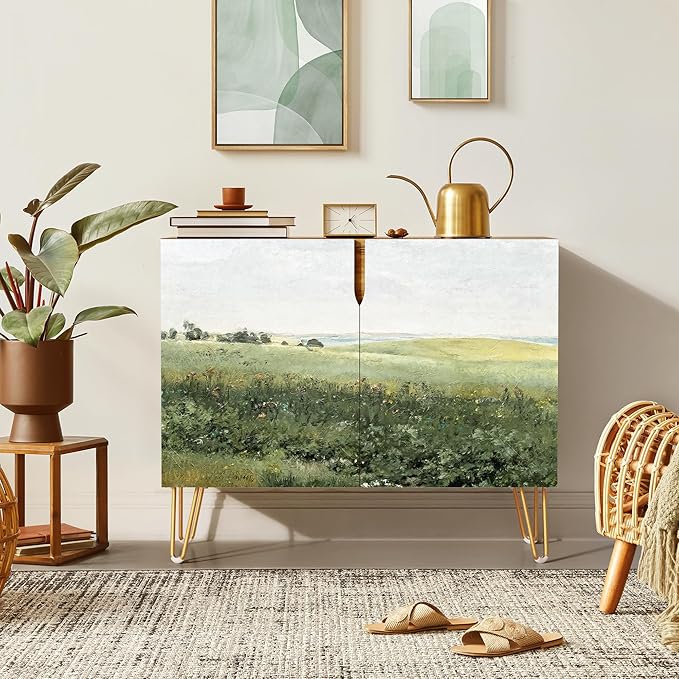 SIGNWIN Sideboard Buffet Cabinet, Kitchen Storage Cabinet with 2 Doors, Rustic Countryside Green Hill, Cupboard Console Table for Dining Room - 35" L x 18" W x 29" H