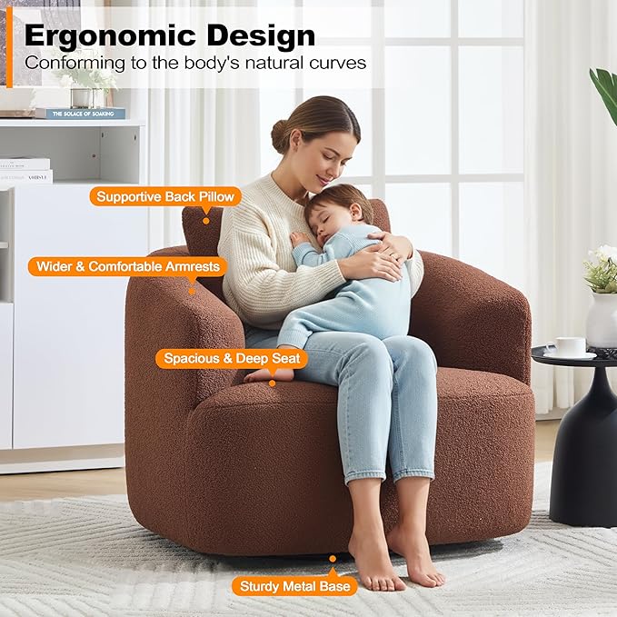 Luxlen Swivel Accent Chair with Pillow for Living Room, Teddy Fleece Upholstered Single Sofa, 360° Rotating Barrel Chair with Metal Base for Bedroom, Office, Apartment - Brown