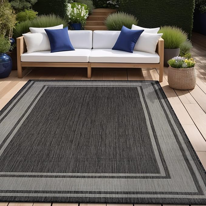 Beverly Rug Outdoor Rug 8x10 Modern Bordered Area Rugs for Indoor and Outdoor Patio Deck Porch Garden Waterproof Weather Sun Resistant Washable Outside Carpet (8 x 10 Dark Gray)