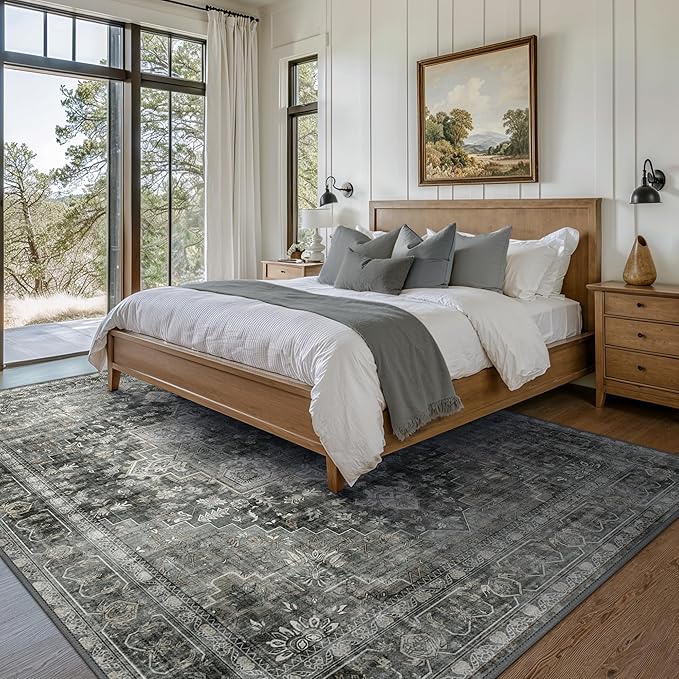 GENIMO 9x12 Area Rugs for Living Room, Machine Washable Non Slip Vintage Rugs, Low Pile Lightweight Chenille Print Rug for Bedroom, Dining Room, Home Office,Charcoal Gray