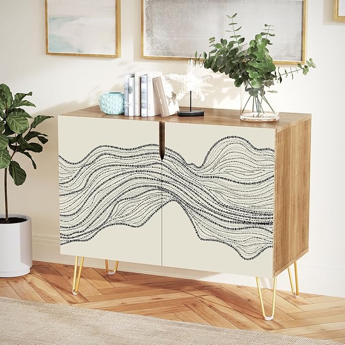 SIGNWIN Sideboard Buffet Cabinet, Kitchen Storage Cabinet with 2 Doors, Duotone Black Geometric Landscape, Cupboard Console Table for Dining Room - 35" L x 18" W x 29" H