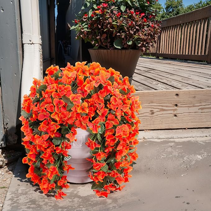 Bougainvillea Artificial Fall Flowers Fake Plants for Outdoors Autumn Decoration, 3PCS Faux Silk Hanging Trailing Vines with Baskets UV Resistant Realistic for Front Door Porch Patio Balcony, Orange