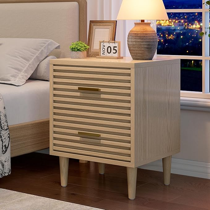Alohappy Nightstand, Bedside Table for Bedroom, End Table with 2 Drawers, Mid Century Modern Side Table with Storage Bed Side Table Vintage Furniture Wood Accent Table for Living Room, Oak 1pc