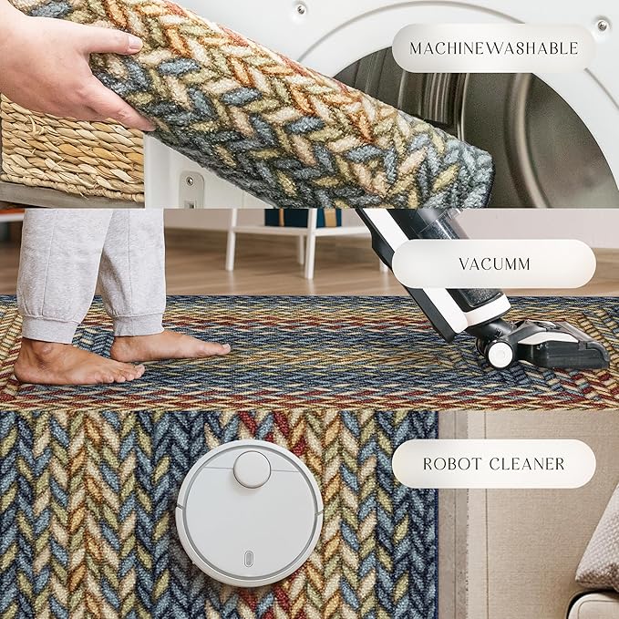 Maples Rugs Marion Bohemian Braided Design Print Runner Rug – Made in USA – Washable, Non Slip Indoor Carpet for Hallway, Kitchen, and Laundry Room, 2' x 6', Multi-Color