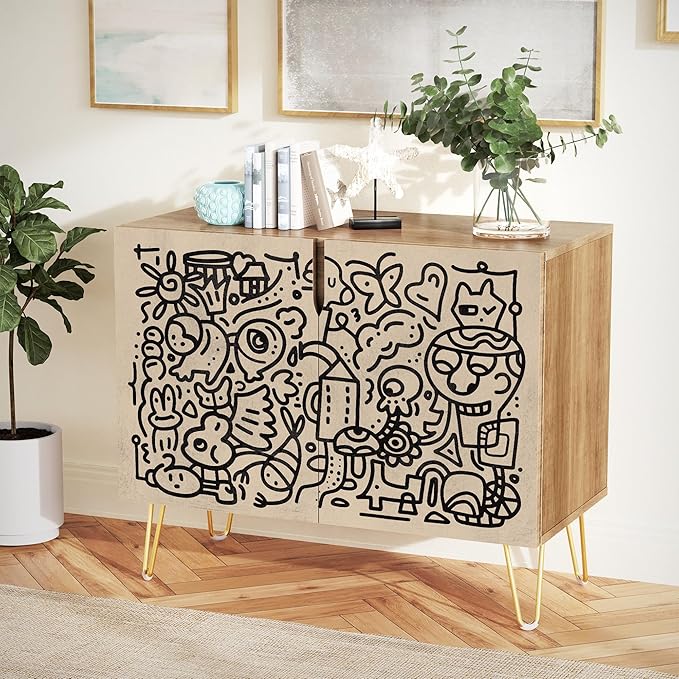 SIGNWIN Sideboard Buffet Cabinet, Kitchen Storage Cabinet with 2 Doors, Geometric Floral Botanical, Cupboard Console Table for Dining Room - 35" L x 18" W x 29" H
