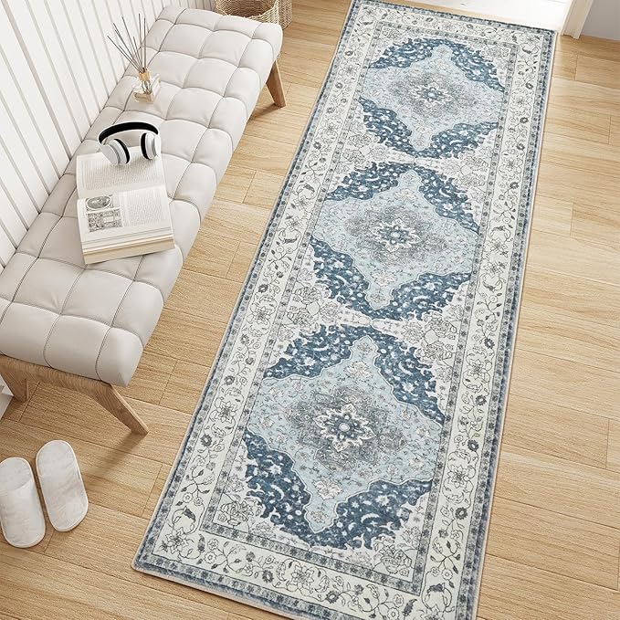 Topllen Runner Rug - 2'x6' Boho Washable Kitchen Rug, Non-Slip Soft Low Pile Rugs Indoor for Entrance Living Room Bedroom Bathroom,Vintage Throw Hallway Carpet Stain Resistance (Blue, 2x6ft)
