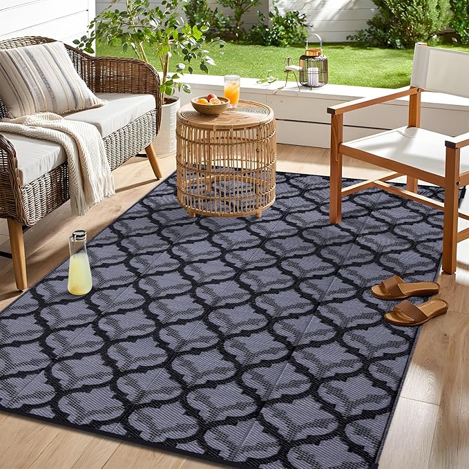 OLANLY Reversible Outdoor Rug 6x9 ft Clearance, Waterproof Outdoor Plastic Straw Rug with Interlacing Pattern, RV Mat for Patio, Camping, Balcony, Deck, Backyard, Black & Grey