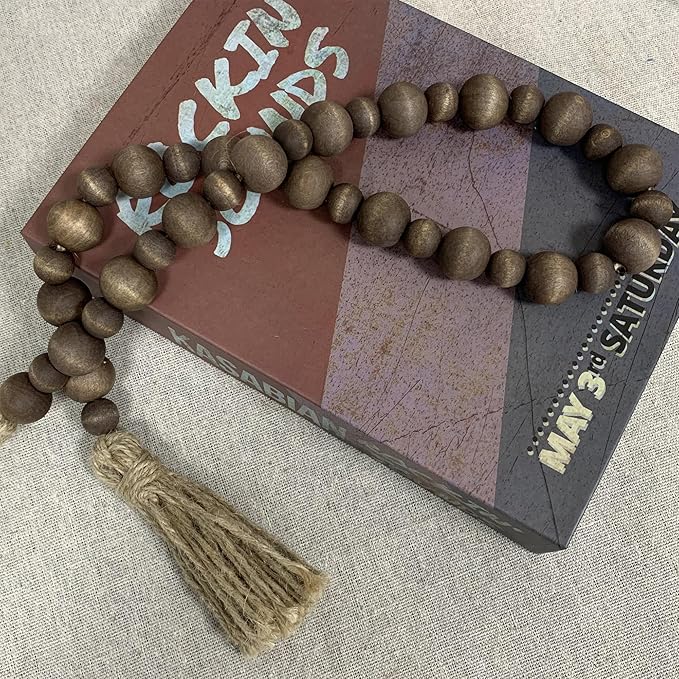 Handcrafted Farmhouse Wooden Decorative Beads Garland, Table Tray Boho Wood Beads with Tassel, Small Rustic Antique Decor for Home and Events (Dark Walnut)