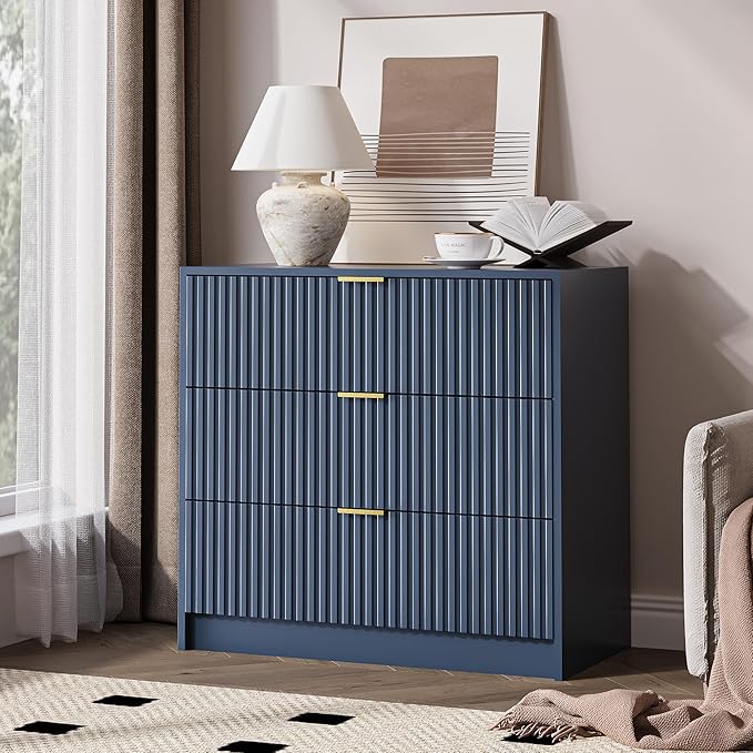 Fluted Dresser for Bedroom, 32 Inch Wide Nightstand with Large Drawer, 3 Drawer End Table for Bedroom, Living Rooms, Offices, and Entryways, Navy Blue