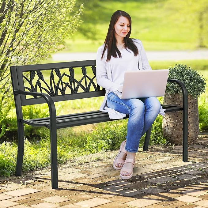 AVAWING Outdoor Bench, 2-Person Garden Benches for Outside, Metal Frame Patio Seating with Floral Pattern Backrest, Armrests for Lawn, Park, Porch, Entryway, Black