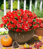 Artificial Faux Flowers Plants for Outdoor Outside Fall Decor, Fake Silk Red Camellia UV Resistant Look Real for Planter Porch Patio Balcony Garden Table Indoor, 3 Large Bundles