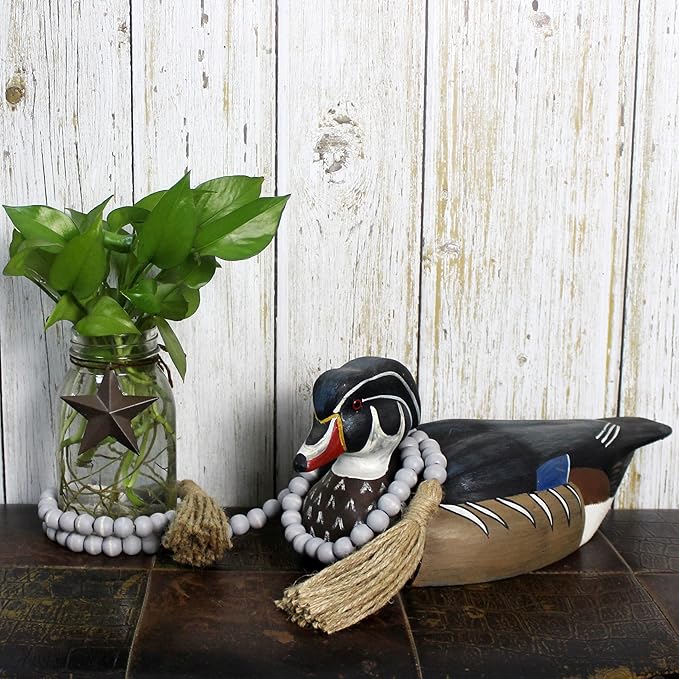 CVHOMEDECO. Wood Beads Garland with Tassels Farmhouse Rustic Wooden Prayer Bead String Wall Hanging Accent for Home Festival Decor. Grey Distressed