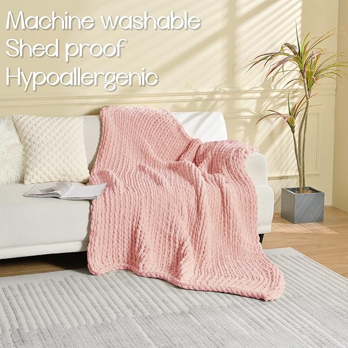 Maetoow Tighter Version Chenille Chunky Knit Blanket Throw 50×60 Inch, Handmade Warm & Cozy Blanket Couch, Bed, Home Decor, Soft Fleece Banket, Boho Thick Blankets and Giant Yarn Throws, Rose Pink