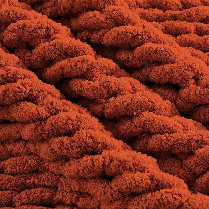 Carriediosa Chunky Knit Throw Blanket 50" X 60", 100% Hand Made Large Chenille Loop Yarn Soft Fluffy Throws for Couch Sofa Bed, Big Crochet Cozy Heavy Thick Cable Woven Blankets, Rust