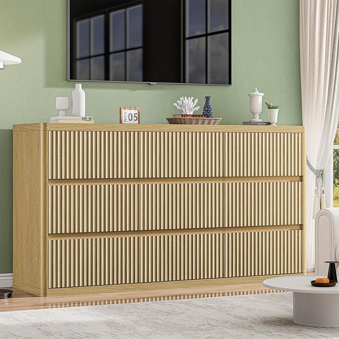 Fluted 9 Drawers Dresser, 57" Wide Dresser for Bedroom, Modern Chest of Drawers with Curved Profile, Handleless, Wood Large Dressers TV Stand with Organizer Storage, Living Room, Natural