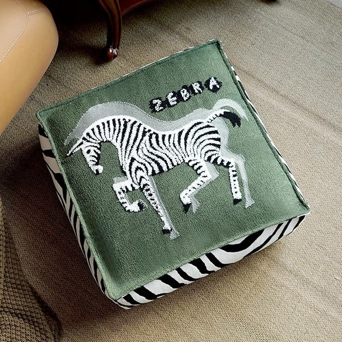 Pouf Ottoman Unstuffed Poufs Soft Touch Zebra Boho Footrest Floor Chair Storage for Living Room Bedroom Home Decor (Green, 20 x 20 x 8 Inches Square)