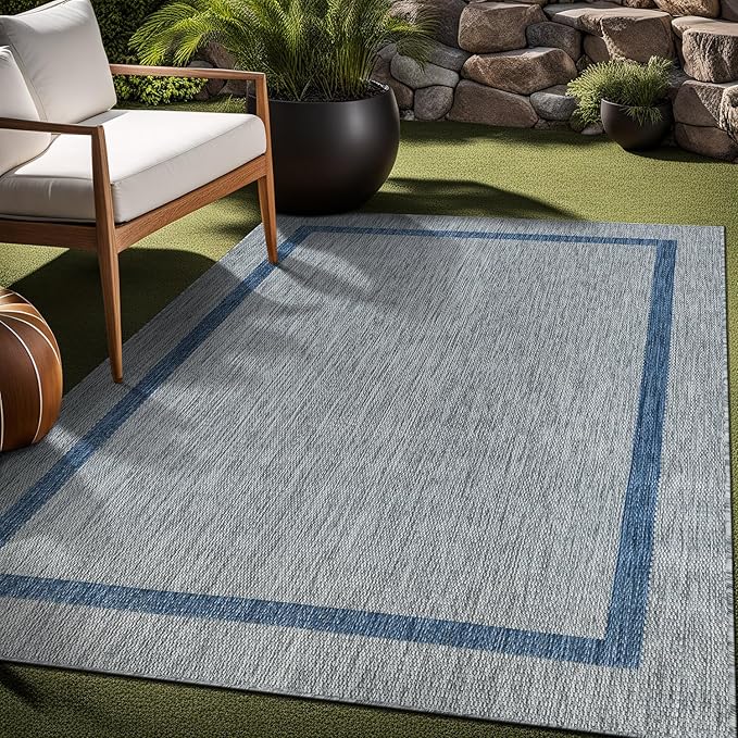 Bordered Outdoor Rug 5x7 Washable Outside Carpet for Indoor Patio Porch Waterproof Easy Cleaning Non Shedding Area Rugs Silver Gray - Blue 5 x 7