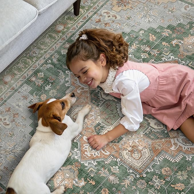 GENIMO 8x10 Area Rugs for Living Room, Machine Washable Non Slip Vintage Rugs, Low Pile Lightweight Chenille Print Rug for Bedroom, Dining Room, Home Office, Sage Green