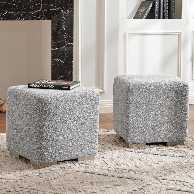 KINWELL 18.5" Wide Modern Square Boucle Upholstered Ottoman with Solid Wood Legs Set of 2, Cube Ottoman Multi-Functional Sofa Footrest for Living Room, Bedroom, Fully Assembled (Black and White)