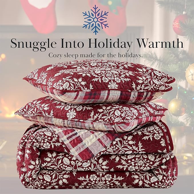 Southshore Fine Living, Inc. Christmas Quilt, Queen/Full Size with 2 Pillow Shams, Reversible Plaid Christmas Bedding Set, Coverlet Queen Size - Red Plaid
