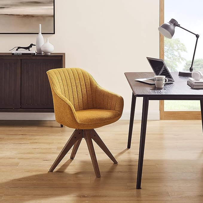 Art Leon Desk Chair No Wheels - Mid Century Modern Office Chair, Swivel Accent Chair with Oak Wood Legs, Fabric Upholstered Arm Chair, Yellow
