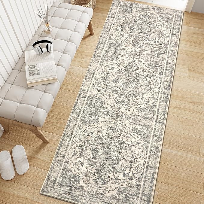 Topllen Runner Rug - 2'6" x8'Boho Washable Kitchen Rug, Non-Slip Soft Low Pile Rugs Indoor for Hallway Hall Living Room Bedroom Sunroom, Vintage Throw Stair Carpet Stain Resistance (Black, 2.5x8ft)