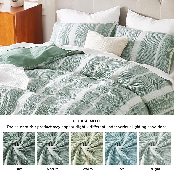 Bedsure Waffle Weave Duvet Cover King - 100% Cotton Boho Duvet Cover with 2 Pillowcases - Green Textured Comforter Cover with Zipper Closure (King, 104"x90")