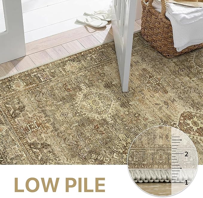 GENIMO 8X10 Area Rugs for Living Room, Machine Washable Non Slip Vintage Floral Patchwork Rug, Thin Low Pile Chenille Carpet Rugs for Bedroom, Dining Room, Straw