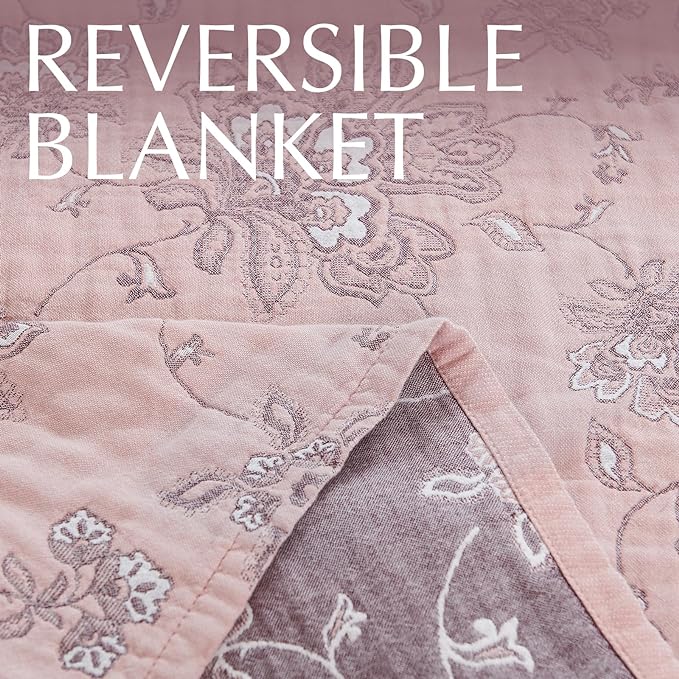 jinchan Boho 100% Cotton Muslin Twin Size 50x60 Inches Blanket Lightweight 4-Layer Quilted Soft Pink Red Floral Throw Blanket Reversible Comfy Flower Breathable All Seasons Couch Bedroom Decor