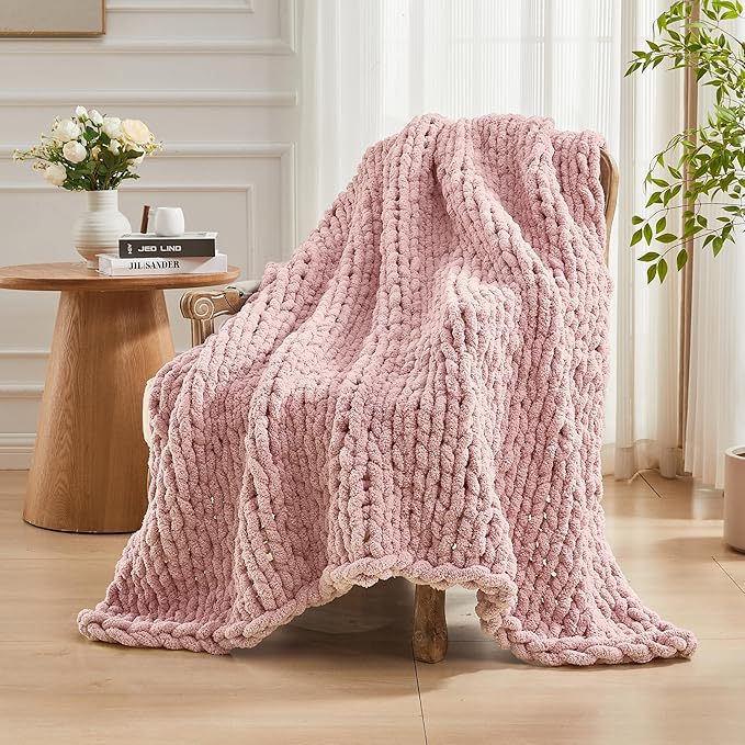 Carriediosa Chunky Knit Throw Blanket 50" X 60", 100% Hand Made Large Chenille Loop Yarn Soft Fluffy Throws for Couch Sofa Bed, Big Crochet Cozy Heavy Thick Cable Woven Blankets, Dusty Pink