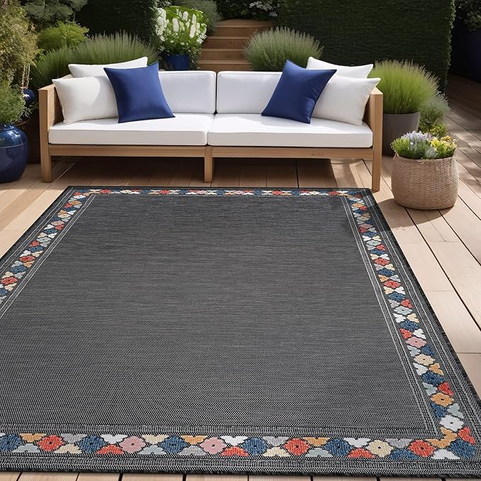 Beverly Rug Outdoor Rug 4x6 Modern Bordered Area Rugs for Indoor and Outdoor Patio Easy to Clean Non Shedding Living Room Porch Garden Washable Outside Carpet (4 x 6 Dark Gray)