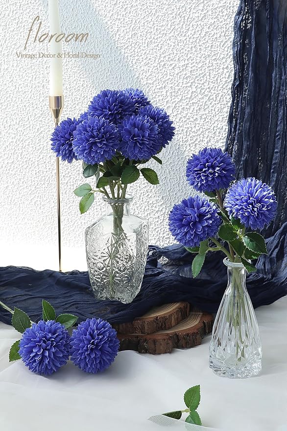 Floroom 12pcs Royal Blue Faux Silk Mums Artificial Flowers Bulk Fake Chrysanthemums with Stems for DIY Wedding Table Centerpieces Floral Arrangements Vase Fillers Home Decorations