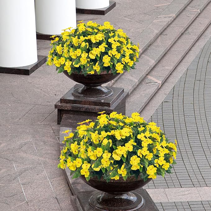 UUqueeten15.7” Fall Decorations for Home Fake Fall Flowers Fake Plants Artificial Impatiens Bouquet Flowers for Outdoors Silk Faux Flowers Impatiens Plants Decor Indoor Planters 8PCS(Yellow)