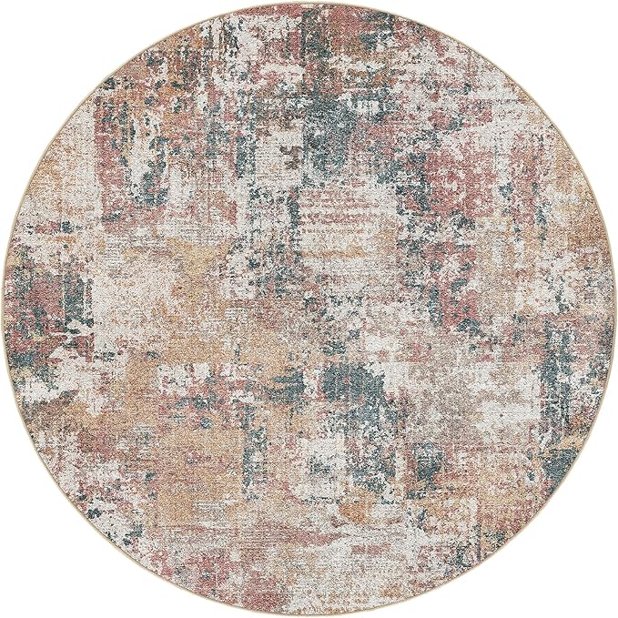 Tortania Washable 6' Round Area Rug for Living Room: Modern Abstract Neutral Large So' Thin Rugs - Non Slip Indoor Carpet for Bedroom Dining Room Office Nursery Home Floor Decoration - Colorful Multi