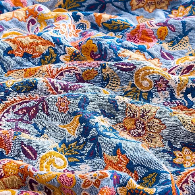 Boho Throw Blanket for Bed, 100% Cotton Soft Rustic Quilt Fall Blanket, 60"x80" Floral Printed Farmhouse Decor Bed Blankets, All Season Rustic Reversible Bohemian Throw Quilt