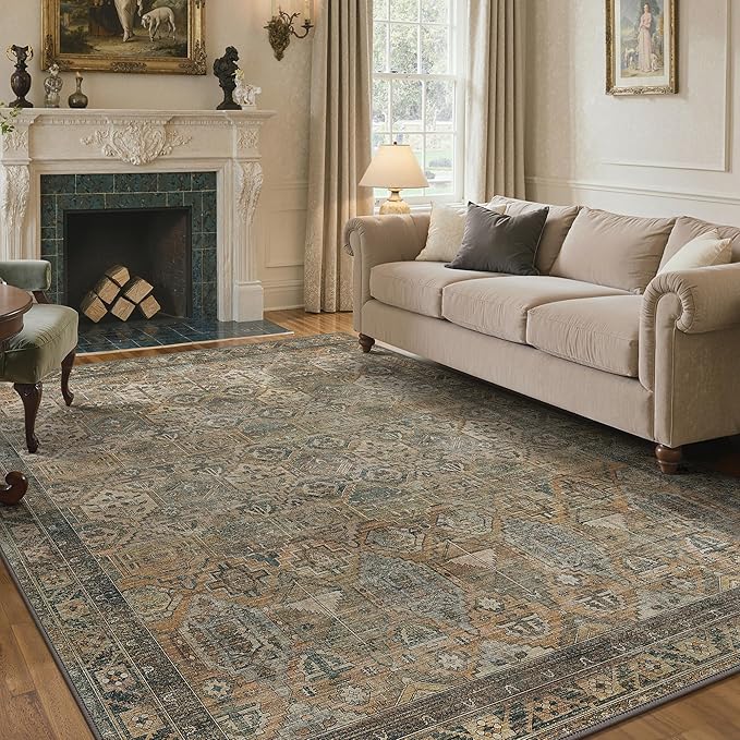 GENIMO 9x12 Area Rugs for Living Room, Machine Washable Non Slip Vintage Rugs, Low Pile Lightweight Chenille Print Rug for Bedroom, Dining Room, Home Office, Warm Taupe