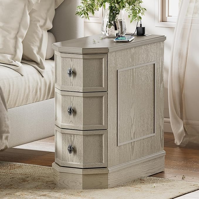 Nightstand with Charging Station, Vintage Wood End Table with 3 Drawer, Victoria Narrow Side Table, Slim Bedside Tables for Bedroom, Pre-Installation, Light Gray