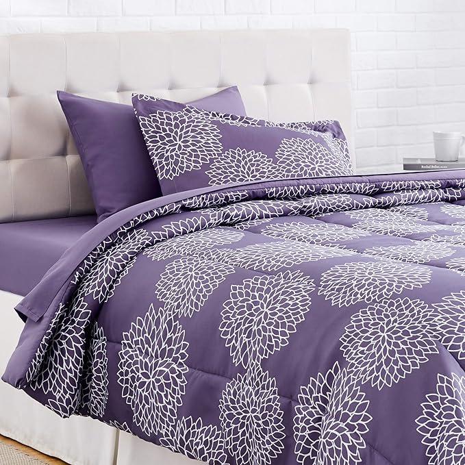 Amazon Basics Twin/Twin XL Comforter Set with Sheets, 5-Piece Purple Floral Bedding, Lightweight Microfiber Bed-in-a-Bag