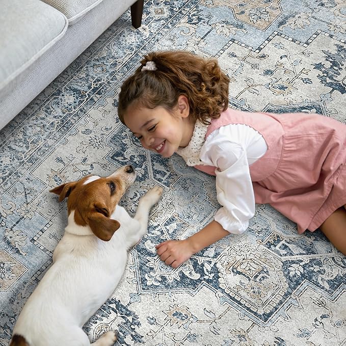 GENIMO Area Rug 2x3 Doormat, Machine Washable Low Pile Vintage Rugs, Small Lightweight Rug Entryway Indoor Mat for Entrance, Hallway, Kitchen and Corridor, Blue