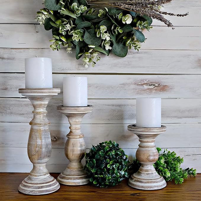 Candle Holders for Pillar Candles, Wooden Candleholders Table Centerpiece, Pillar Candle Holders Set of 3, Wood Rustic Farmhouse Fireplace White