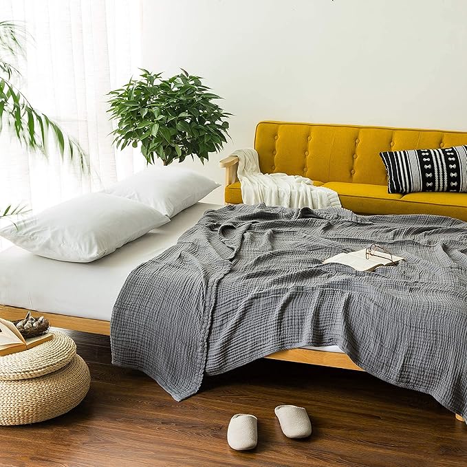 EMME Muslin Grey Twin Blanket 100% Cotton Bed Blankets for Adults and Baby 60"x80" Lightweight Soft Breathable All Season Solid Pre-Washed Gauze, Grey