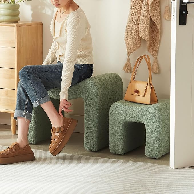 Ottoman Set of 2 Vanity Stool Chair Seating Backless Modern Foot Rest Teddy Velvet Small Footstool Ottoman for Makeup Room Living Room Bedroom Entryway,(2-in-1) Green