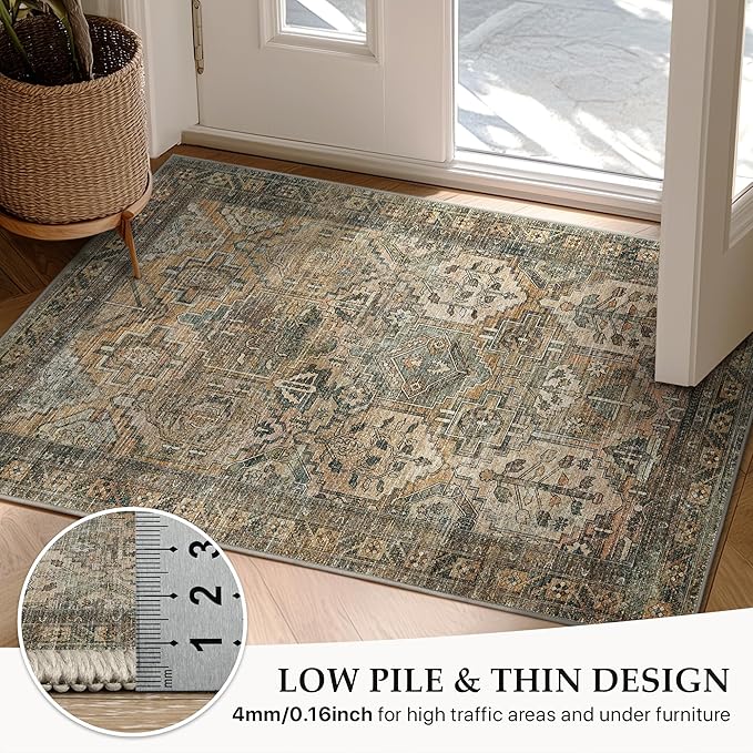 GENIMO 8x10 Area Rugs for Living Room, Machine Washable Non Slip Vintage Rugs, Low Pile Lightweight Chenille Print Rug for Bedroom, Dining Room, Home Office, Warm Taupe