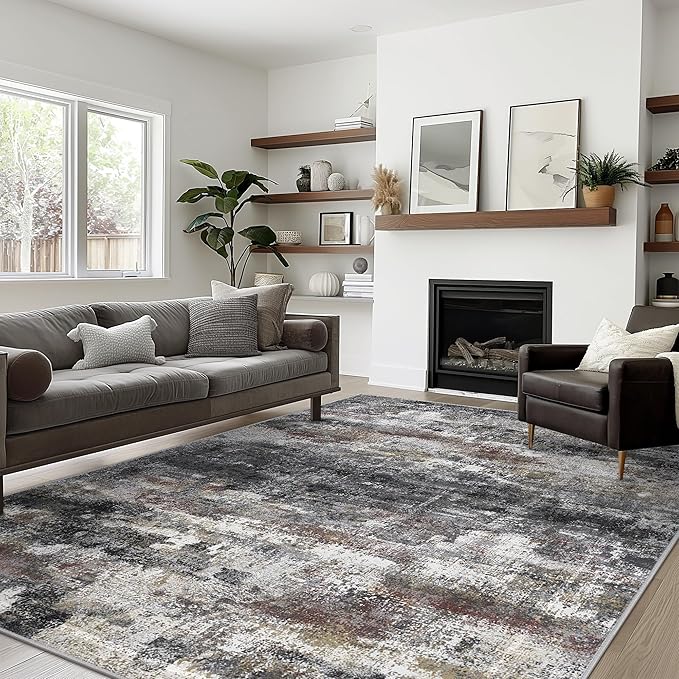 Area Rugs 9x12 for Living Room Bedroom, Large Modern Abstract Machine Washable Soft Dark Gray Rug, Floor Carpet with Non Slip Backing for Dining Room